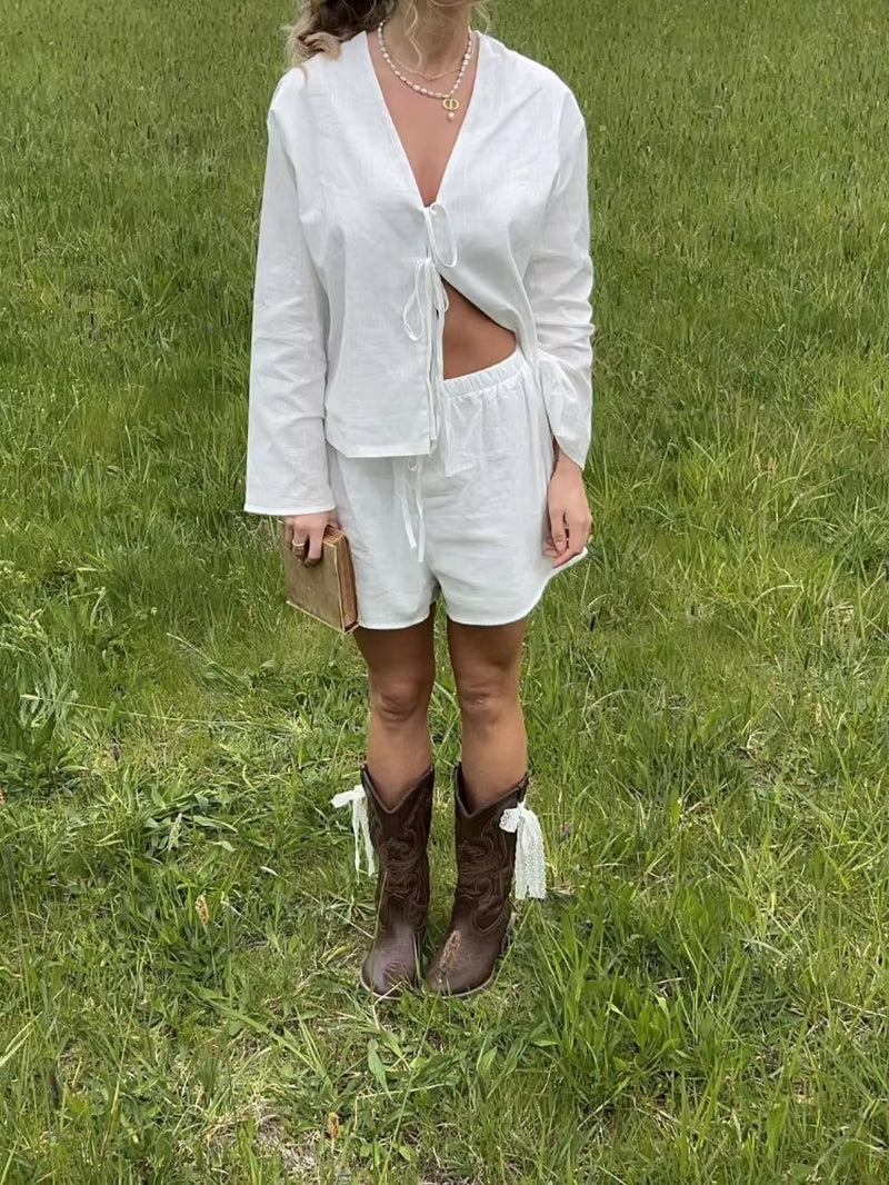 Linen Lace up Top
