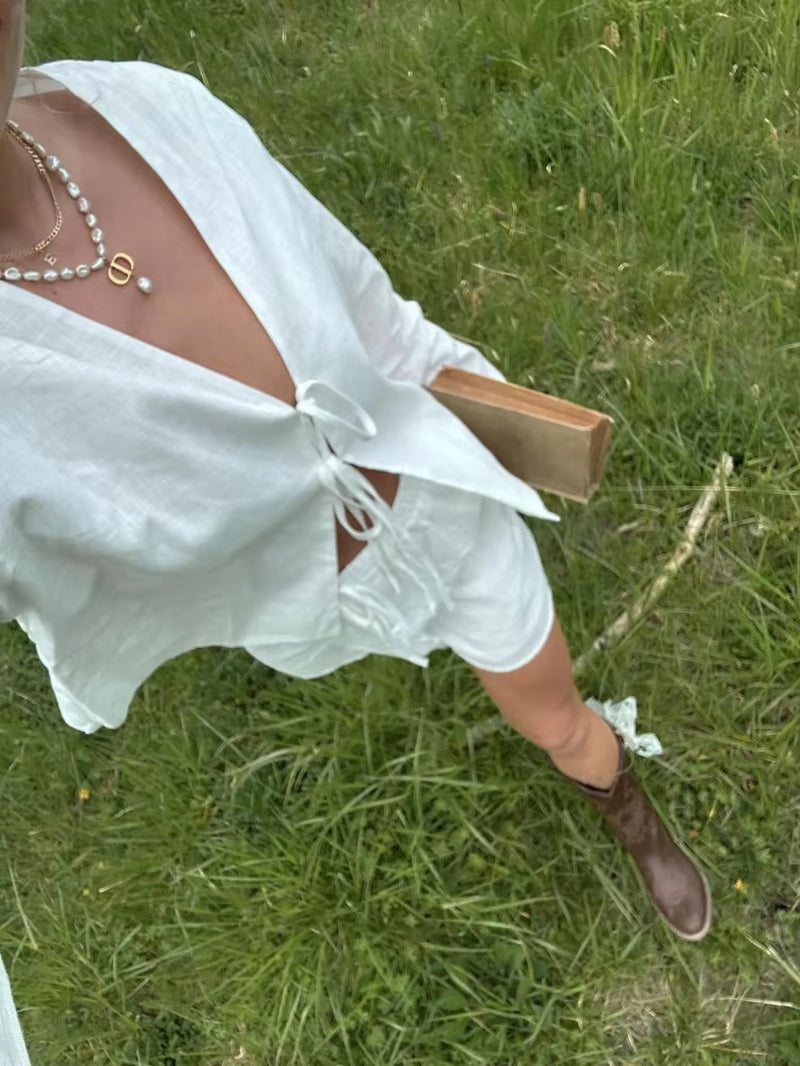 Linen Lace up Top