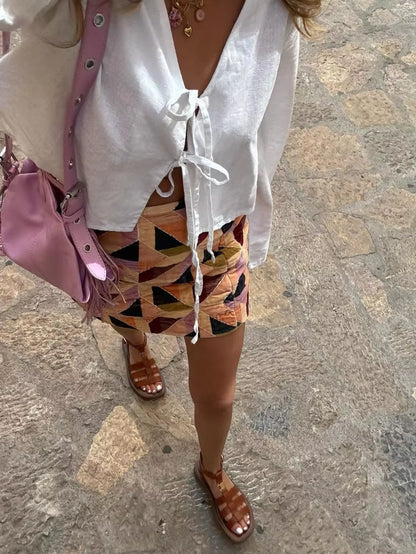 Linen Lace up Top