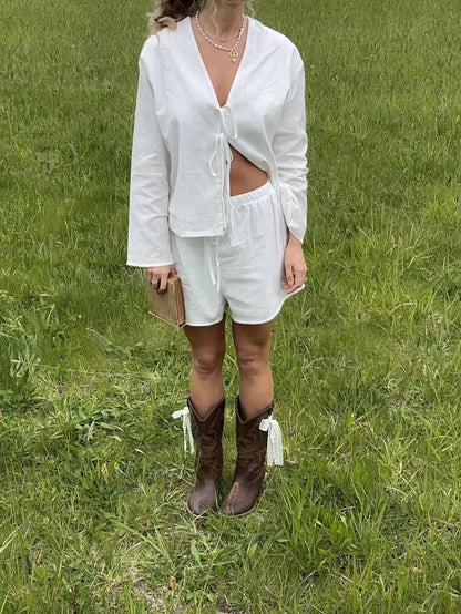 Linen Lace up Top