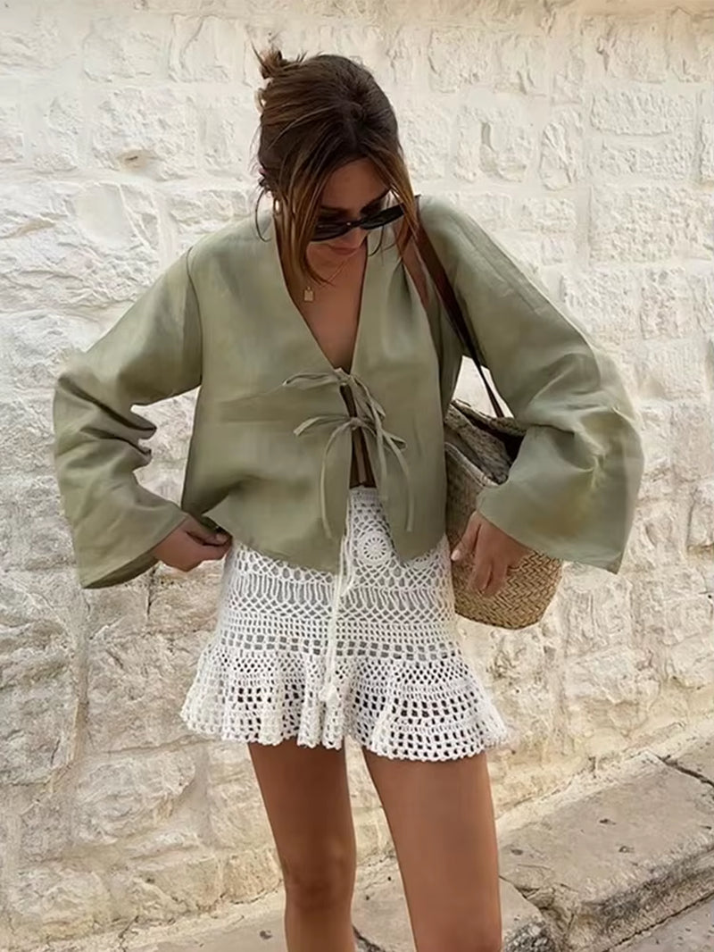 Linen Lace up Top