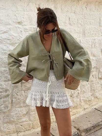 Linen Lace up Top